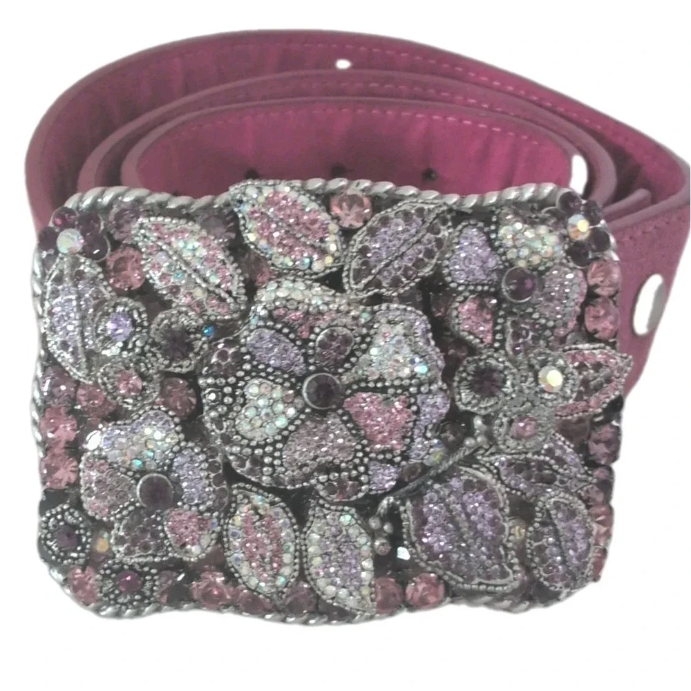 PARW Buckles Yoakum Texas Rhinestone Glam Flower Pink & Purple Belt Buckle